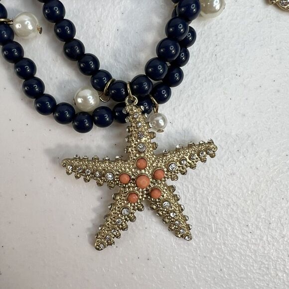 Nautical Themed Multi-Strand Necklace Starfish Anchor Charms Beach Jewelry Blue - Picture 5 of 12
